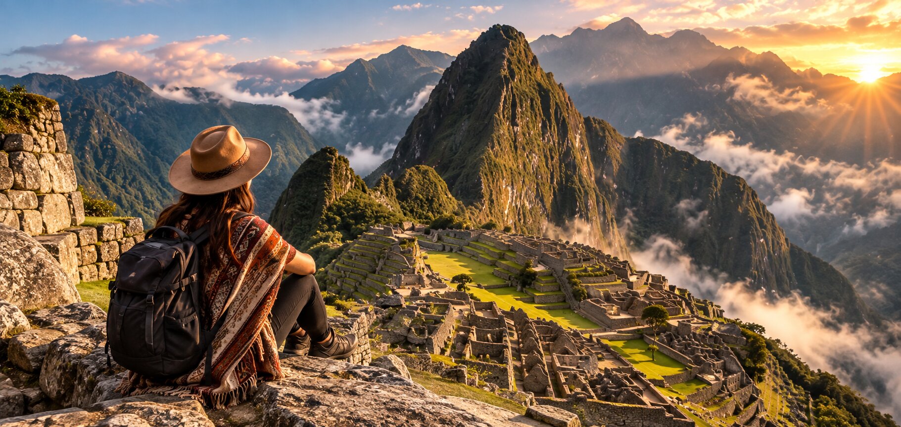 Viajero contemplando Machu Picchu